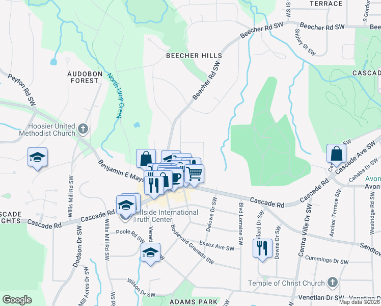 map of restaurants, bars, coffee shops, grocery stores, and more near 1125 Dolphin Drive Southwest in Atlanta