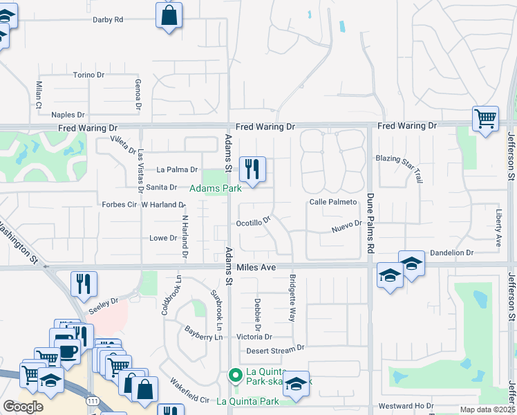 map of restaurants, bars, coffee shops, grocery stores, and more near 44540 Pala Circle in La Quinta