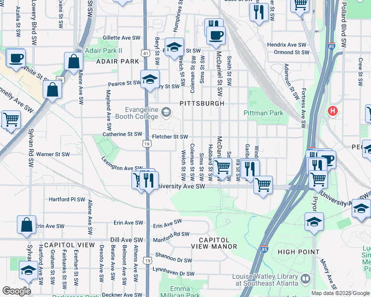 map of restaurants, bars, coffee shops, grocery stores, and more near 1100 Welch Street Southwest in Atlanta