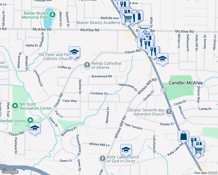 map of restaurants, bars, coffee shops, grocery stores, and more near 2526 Fontaine Circle in Decatur