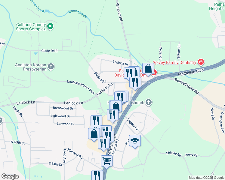map of restaurants, bars, coffee shops, grocery stores, and more near 5806 Woodgate Circle in Anniston