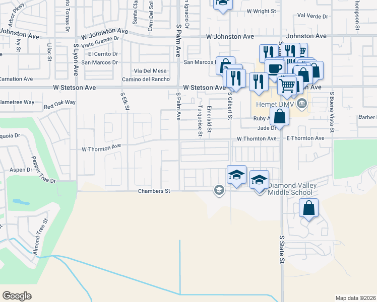 map of restaurants, bars, coffee shops, grocery stores, and more near 725 West Thornton Avenue in Hemet