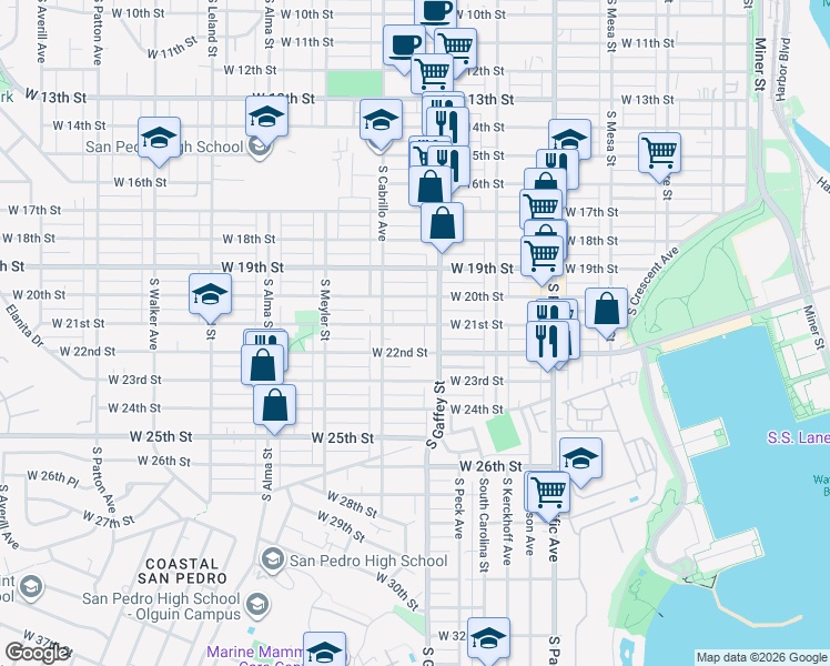 map of restaurants, bars, coffee shops, grocery stores, and more near 726 West 22nd Street in Los Angeles