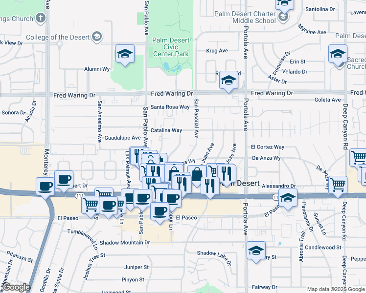 map of restaurants, bars, coffee shops, grocery stores, and more near 44597 San Pascual Avenue in Palm Desert