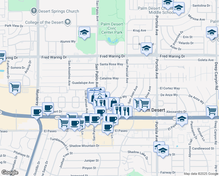 map of restaurants, bars, coffee shops, grocery stores, and more near 44525 San Carlos Avenue in Palm Desert
