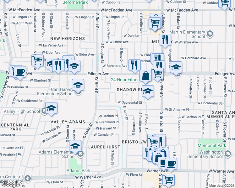 map of restaurants, bars, coffee shops, grocery stores, and more near 1702 South Rene Drive in Santa Ana
