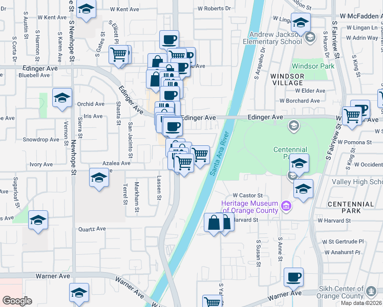 map of restaurants, bars, coffee shops, grocery stores, and more near 16440 Brighton River in Fountain Valley