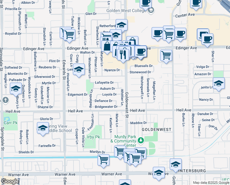 map of restaurants, bars, coffee shops, grocery stores, and more near 6902 Loyola Drive in Huntington Beach