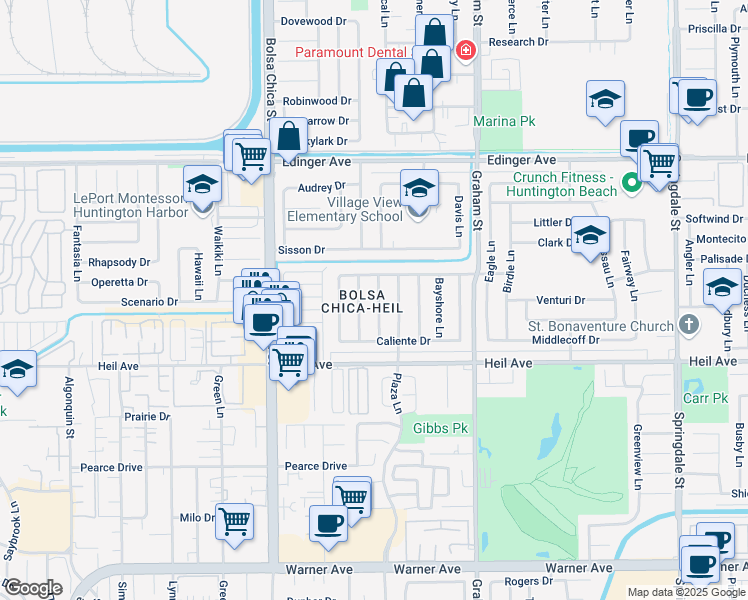 map of restaurants, bars, coffee shops, grocery stores, and more near 16352 Santa Anita Lane in Huntington Beach
