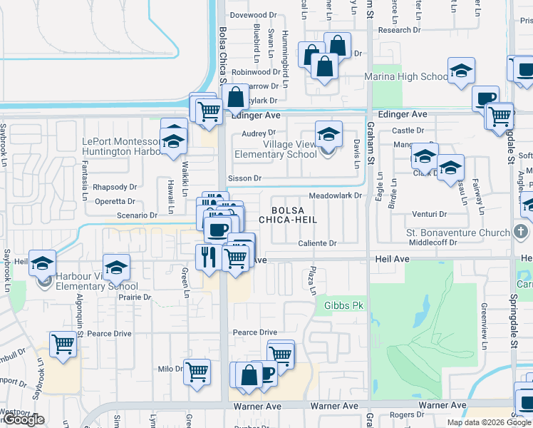 map of restaurants, bars, coffee shops, grocery stores, and more near 16351 Saratoga Lane in Huntington Beach