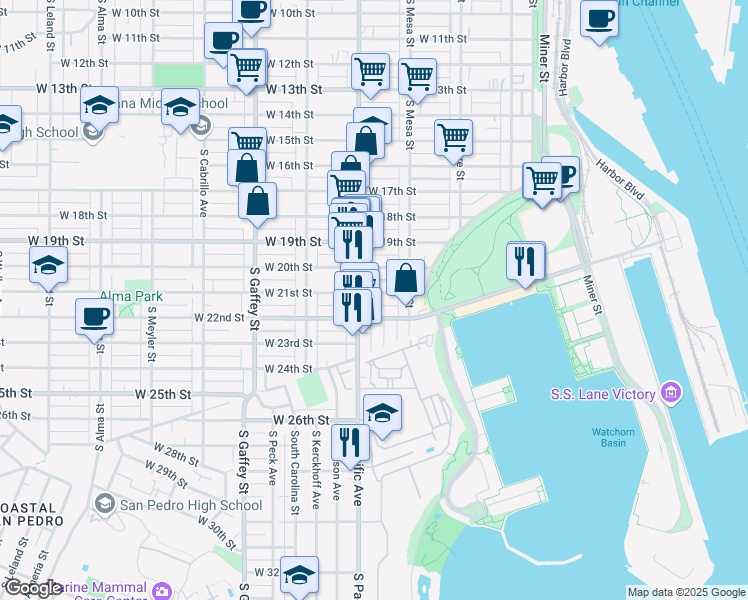 map of restaurants, bars, coffee shops, grocery stores, and more near 452 West 22nd Street in Los Angeles