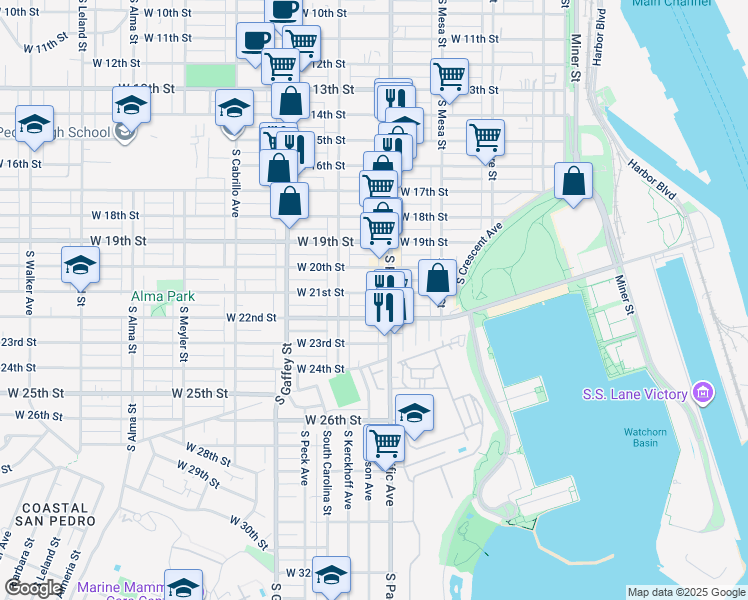 map of restaurants, bars, coffee shops, grocery stores, and more near 520 West 22nd Street in Los Angeles