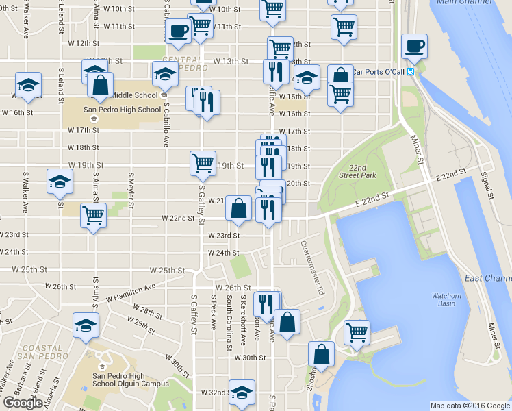 map of restaurants, bars, coffee shops, grocery stores, and more near 520 West 22nd Street in Los Angeles