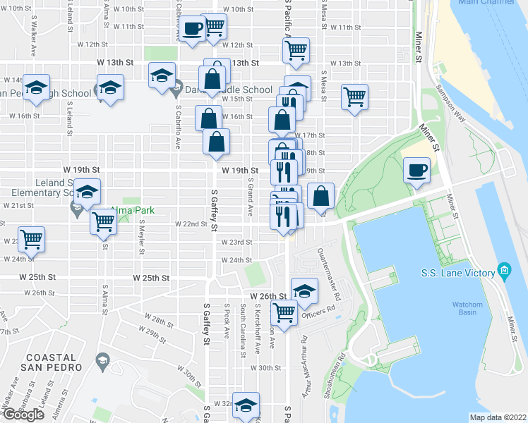 map of restaurants, bars, coffee shops, grocery stores, and more near 580 West 22nd Street in Los Angeles