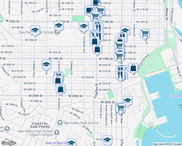 map of restaurants, bars, coffee shops, grocery stores, and more near 726 West 22nd Street in Los Angeles