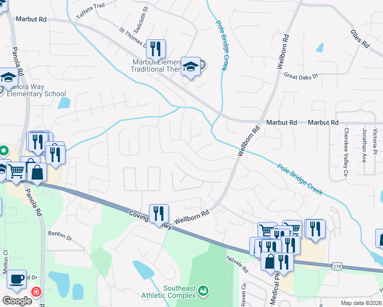 map of restaurants, bars, coffee shops, grocery stores, and more near 5763 Wellborn Creek Drive in Lithonia