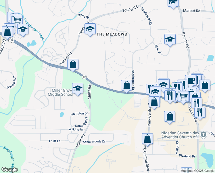 map of restaurants, bars, coffee shops, grocery stores, and more near 335 Thicket Way in Decatur