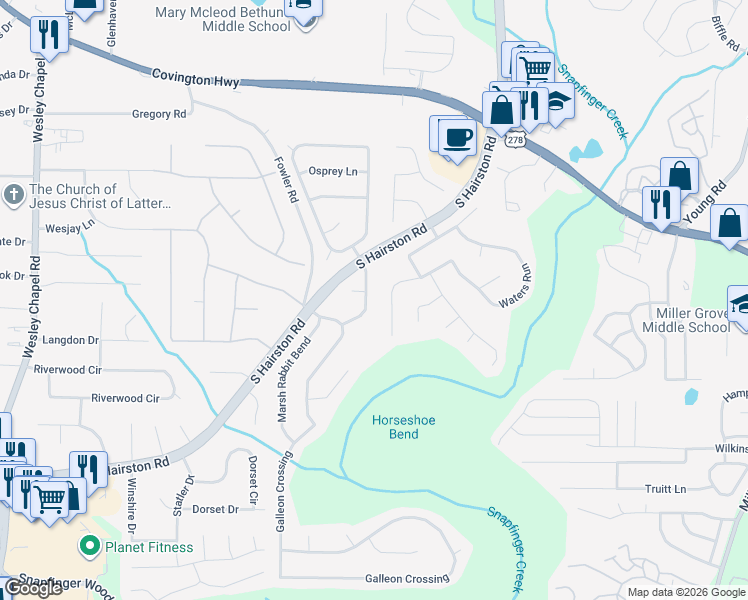 map of restaurants, bars, coffee shops, grocery stores, and more near 2370 Marsh Rabbit Lane in Decatur