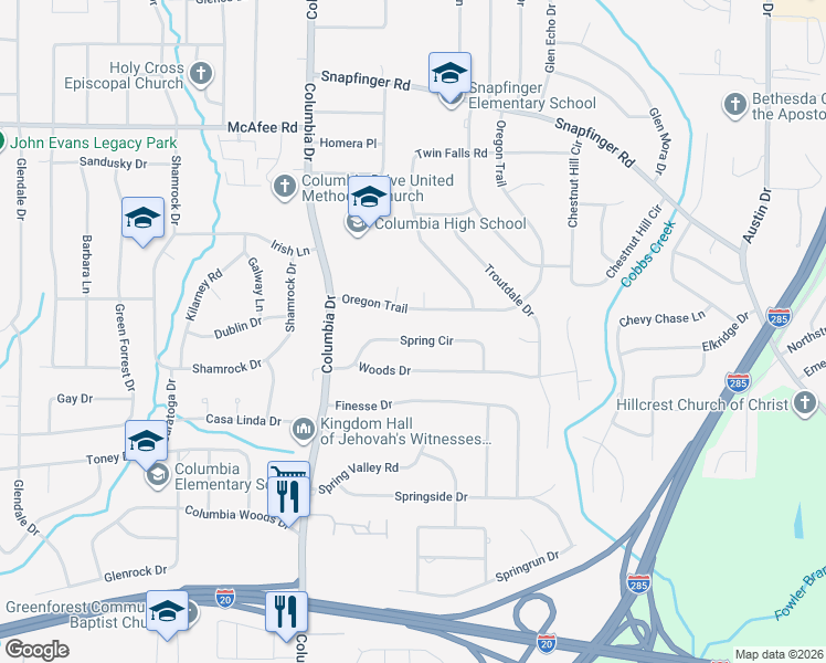 map of restaurants, bars, coffee shops, grocery stores, and more near 3477 Spring Circle in Decatur