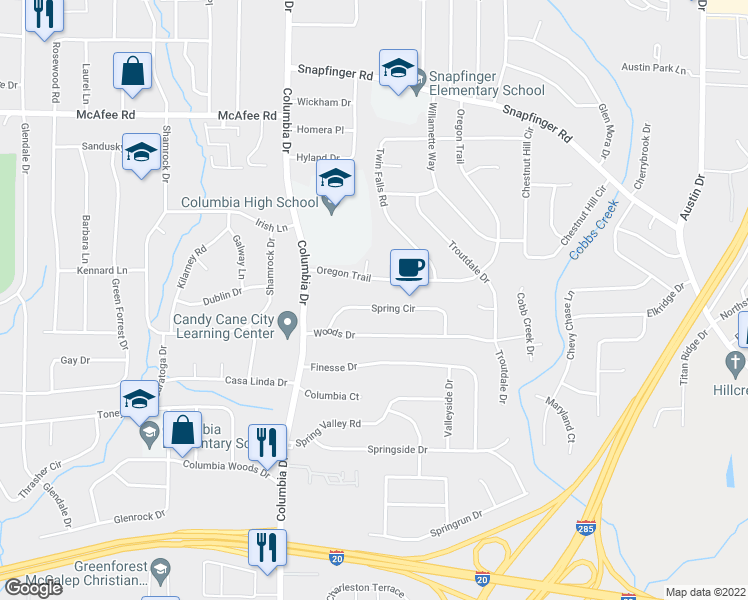 map of restaurants, bars, coffee shops, grocery stores, and more near 3445 Spring Circle in Decatur