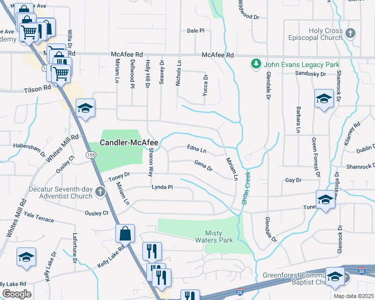 map of restaurants, bars, coffee shops, grocery stores, and more near 2933 Edna Lane in Decatur