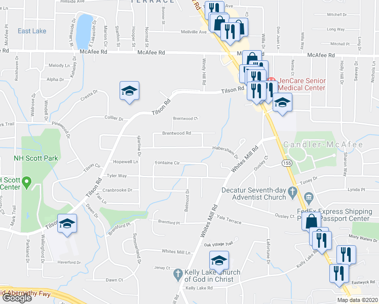 map of restaurants, bars, coffee shops, grocery stores, and more near 2529 Habersham Drive in Decatur