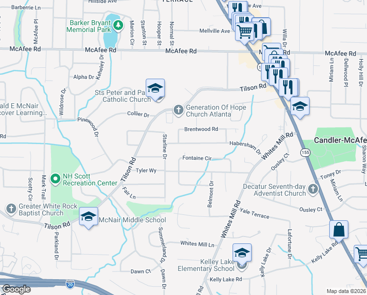map of restaurants, bars, coffee shops, grocery stores, and more near 2464 Fontaine Circle in Decatur