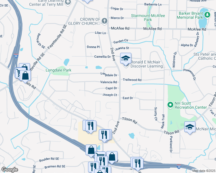 map of restaurants, bars, coffee shops, grocery stores, and more near 1970 Capri Drive in Decatur