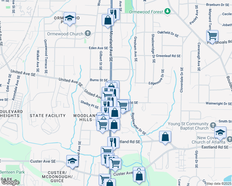 map of restaurants, bars, coffee shops, grocery stores, and more near 1058 Moreland Avenue Southeast in Atlanta
