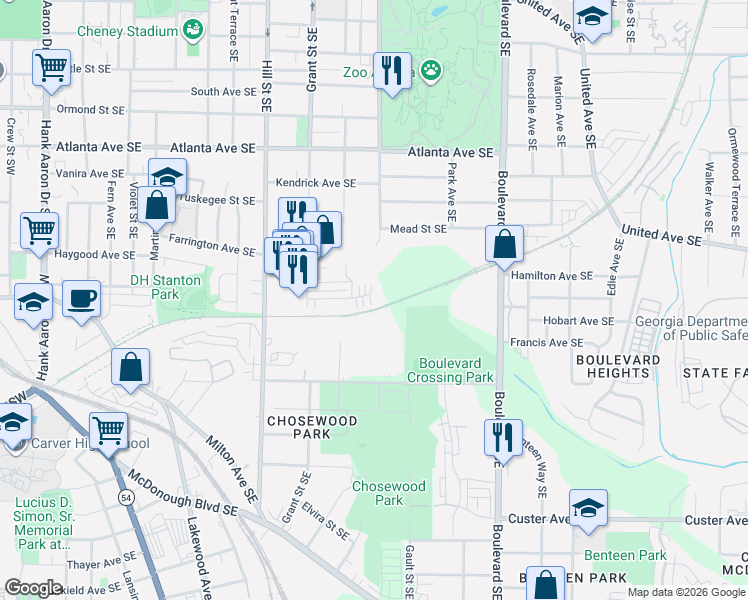 map of restaurants, bars, coffee shops, grocery stores, and more near 1160 Mailing Avenue Southeast in Atlanta