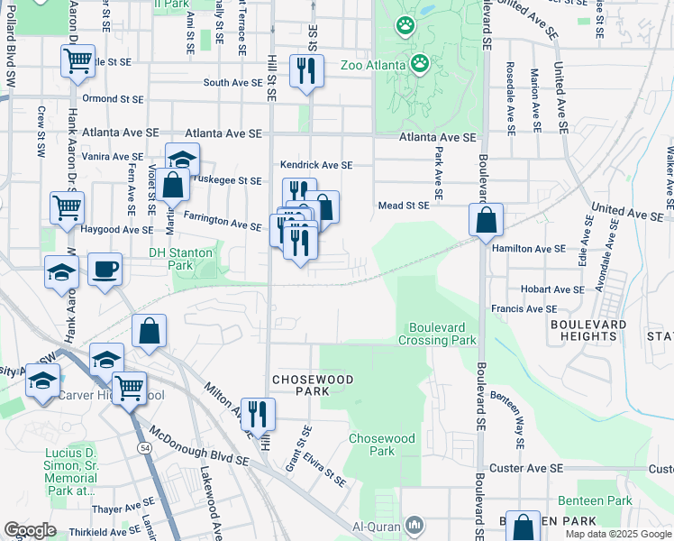 map of restaurants, bars, coffee shops, grocery stores, and more near 385 Grant Circle Southeast in Atlanta