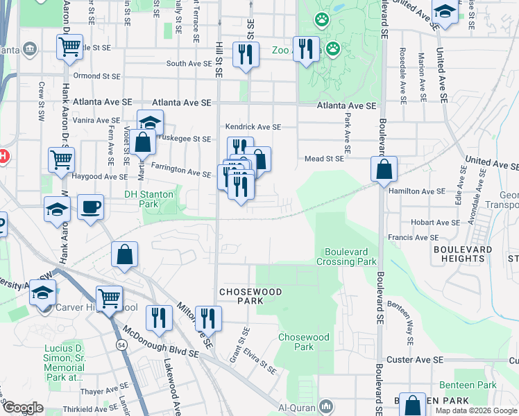 map of restaurants, bars, coffee shops, grocery stores, and more near 375 Pratt Drive in Atlanta