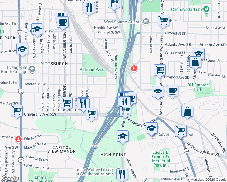 map of restaurants, bars, coffee shops, grocery stores, and more near 1111 Fortress Avenue Southwest in Atlanta