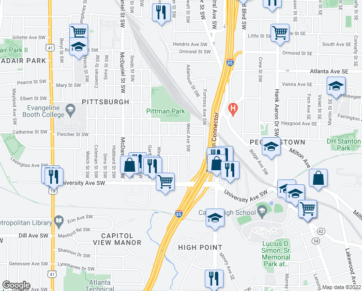 map of restaurants, bars, coffee shops, grocery stores, and more near 1108 West Avenue Southwest in Atlanta