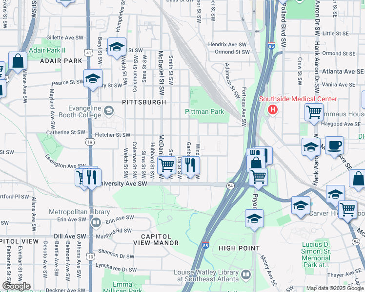 map of restaurants, bars, coffee shops, grocery stores, and more near 1116 Smith Street Southwest in Atlanta