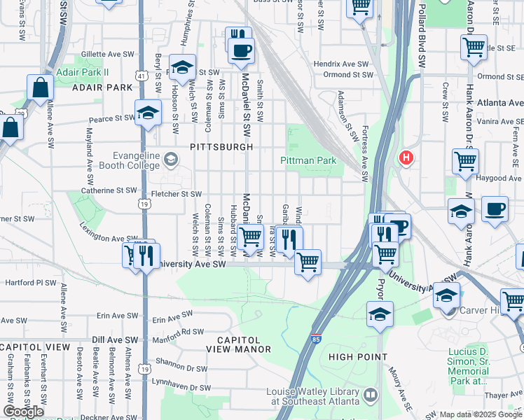 map of restaurants, bars, coffee shops, grocery stores, and more near 1116 Smith Street Southwest in Atlanta