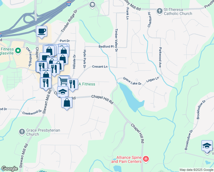 map of restaurants, bars, coffee shops, grocery stores, and more near 4644 Chapel Court in Douglasville