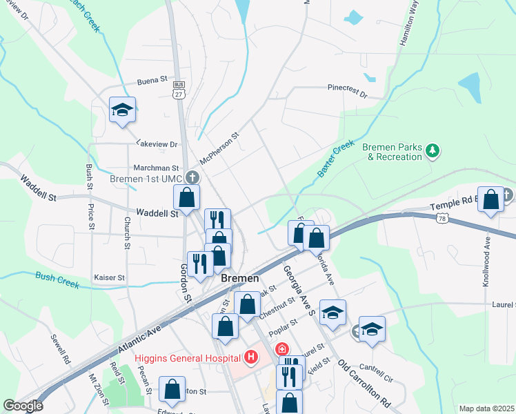map of restaurants, bars, coffee shops, grocery stores, and more near 235 North Georgia Avenue in Bremen