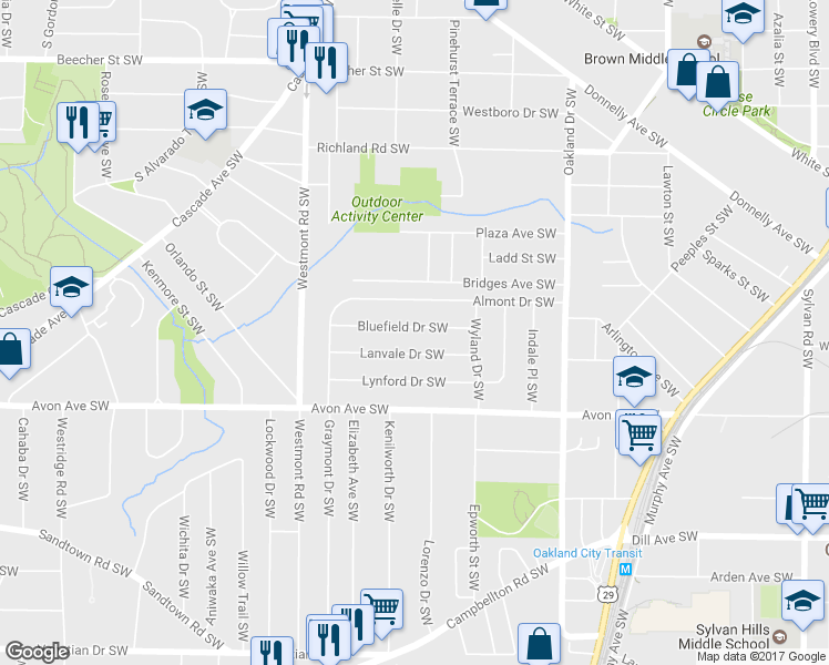 map of restaurants, bars, coffee shops, grocery stores, and more near 1386 Bluefield Drive Southwest in Atlanta