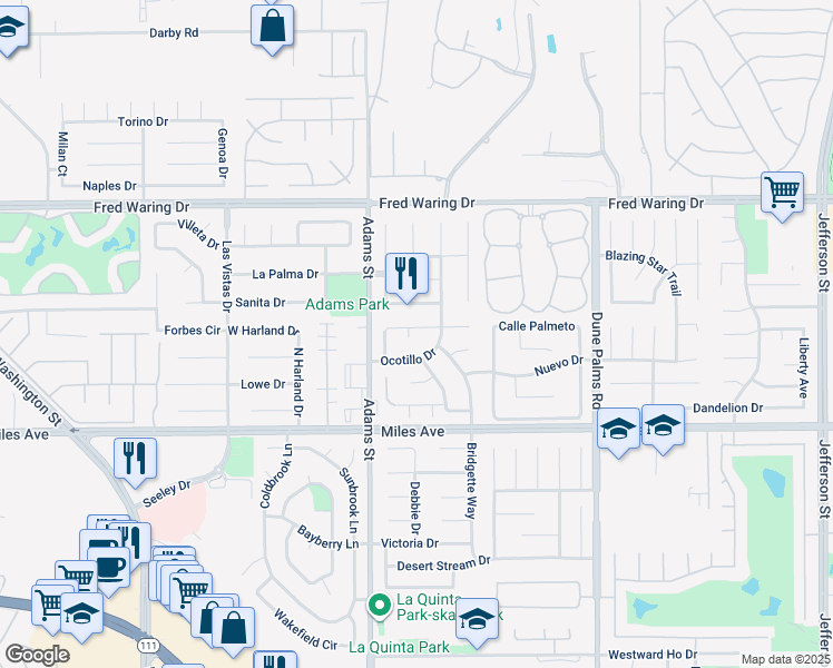 map of restaurants, bars, coffee shops, grocery stores, and more near 44540 Pala Circle in La Quinta