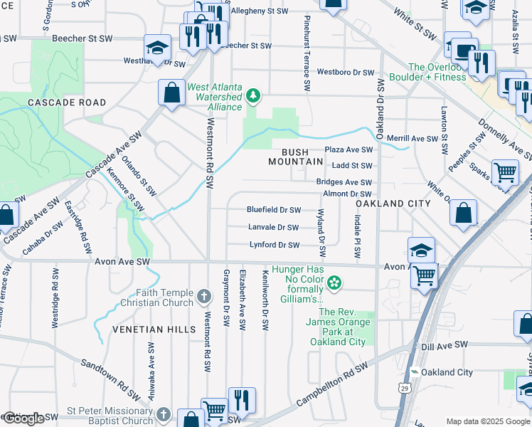 map of restaurants, bars, coffee shops, grocery stores, and more near 1410 Bluefield Drive Southwest in Atlanta