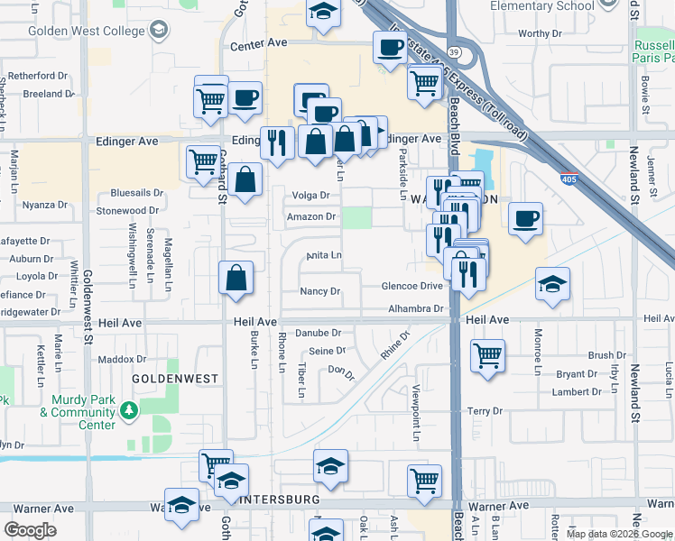 map of restaurants, bars, coffee shops, grocery stores, and more near 7671 Juliette Low Drive in Huntington Beach