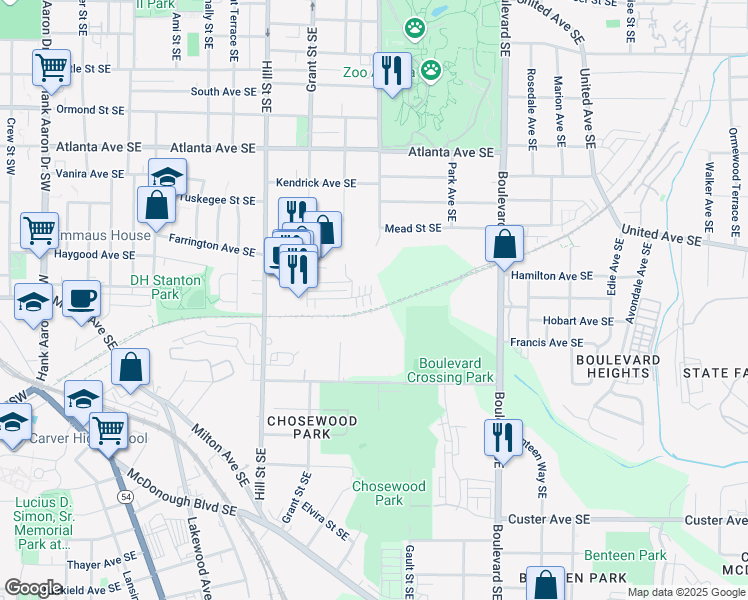 map of restaurants, bars, coffee shops, grocery stores, and more near 407 Pratt Drive Southeast in Atlanta