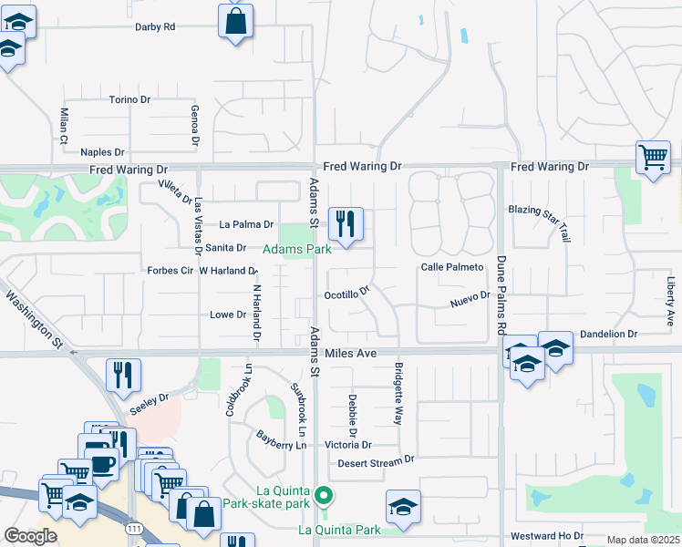 map of restaurants, bars, coffee shops, grocery stores, and more near 44545 Pala Circle in La Quinta