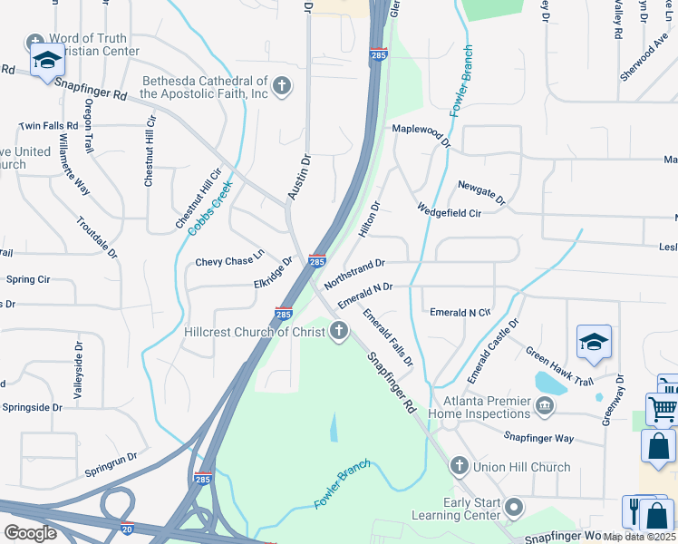 map of restaurants, bars, coffee shops, grocery stores, and more near 3862 Northstrand Drive in Decatur