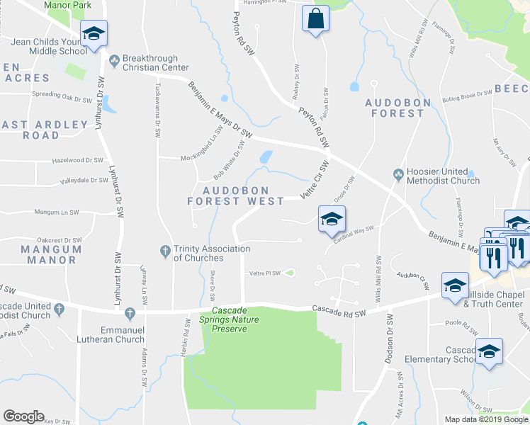 map of restaurants, bars, coffee shops, grocery stores, and more near 1066 Veltre Circle Southwest in Atlanta