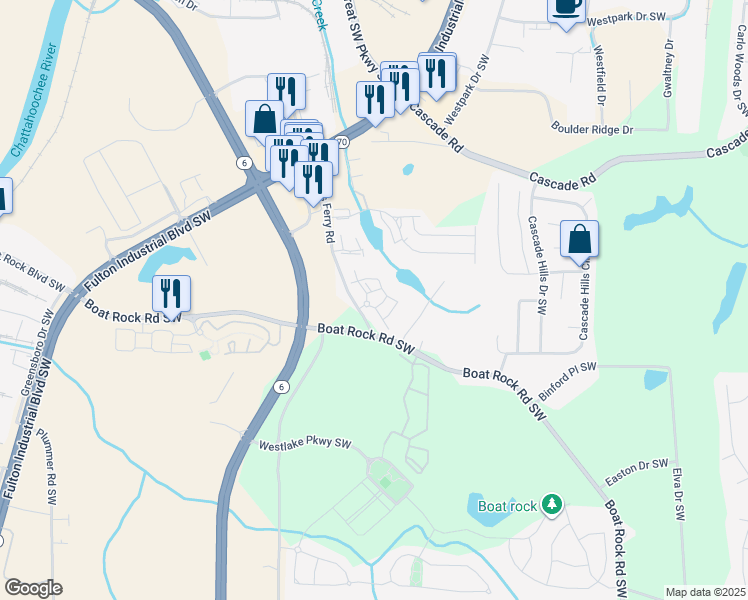 map of restaurants, bars, coffee shops, grocery stores, and more near 6200 Bakers Ferry Road in Atlanta