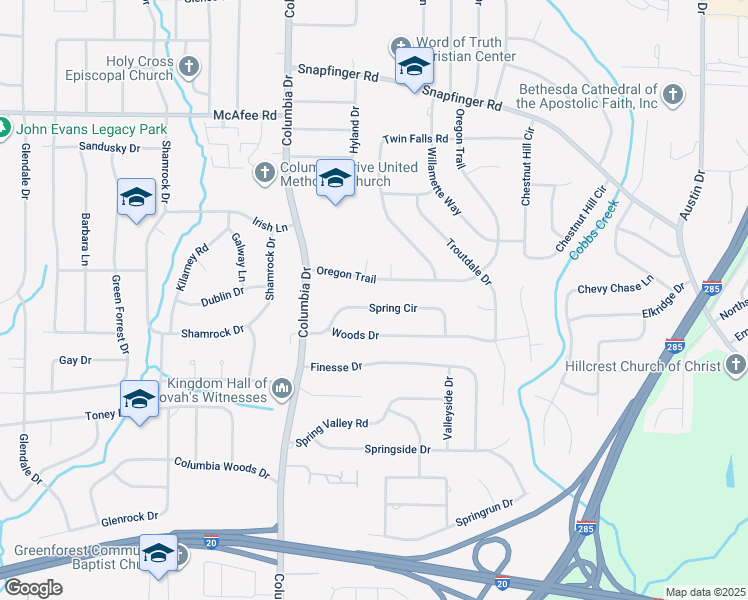 map of restaurants, bars, coffee shops, grocery stores, and more near 3445 Spring Circle in Decatur
