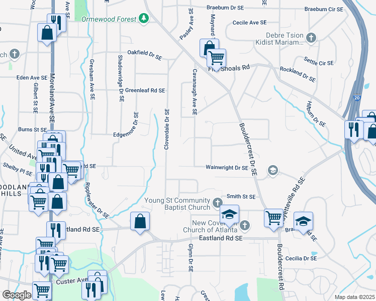 map of restaurants, bars, coffee shops, grocery stores, and more near 2241 Cavanaugh Avenue Southeast in Atlanta