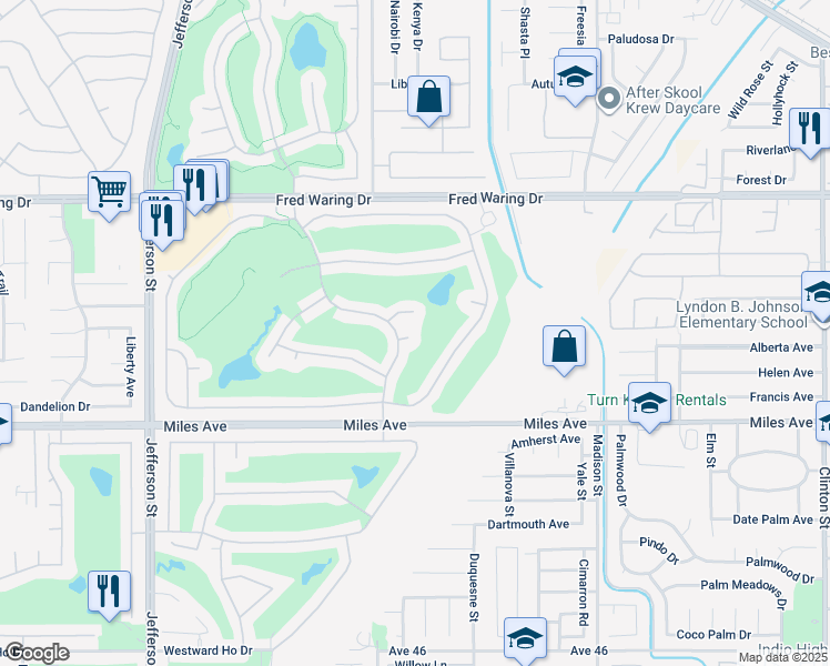 map of restaurants, bars, coffee shops, grocery stores, and more near 44638 South Heritage Palms Drive in Indio